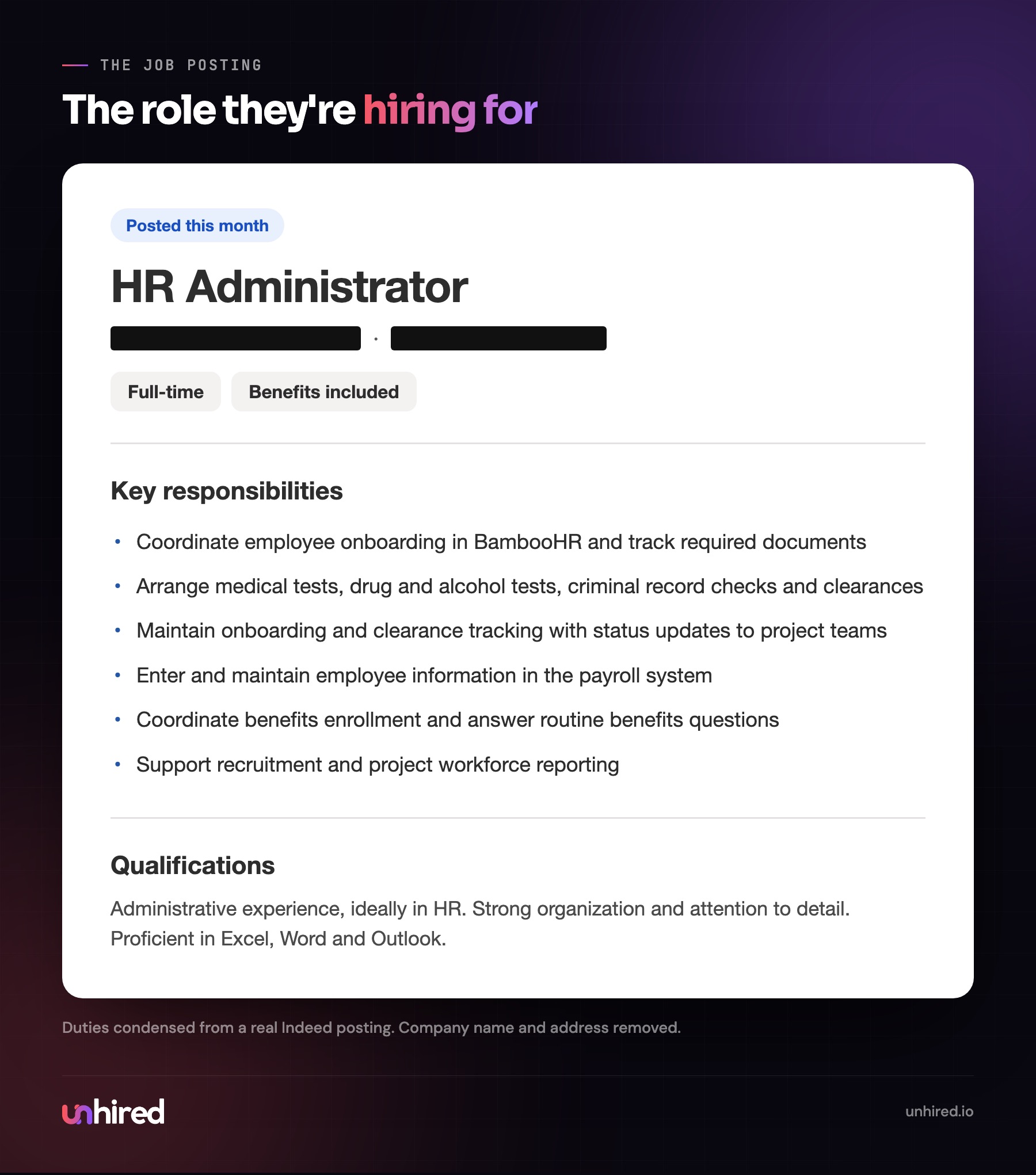The job posting, company name and address removed